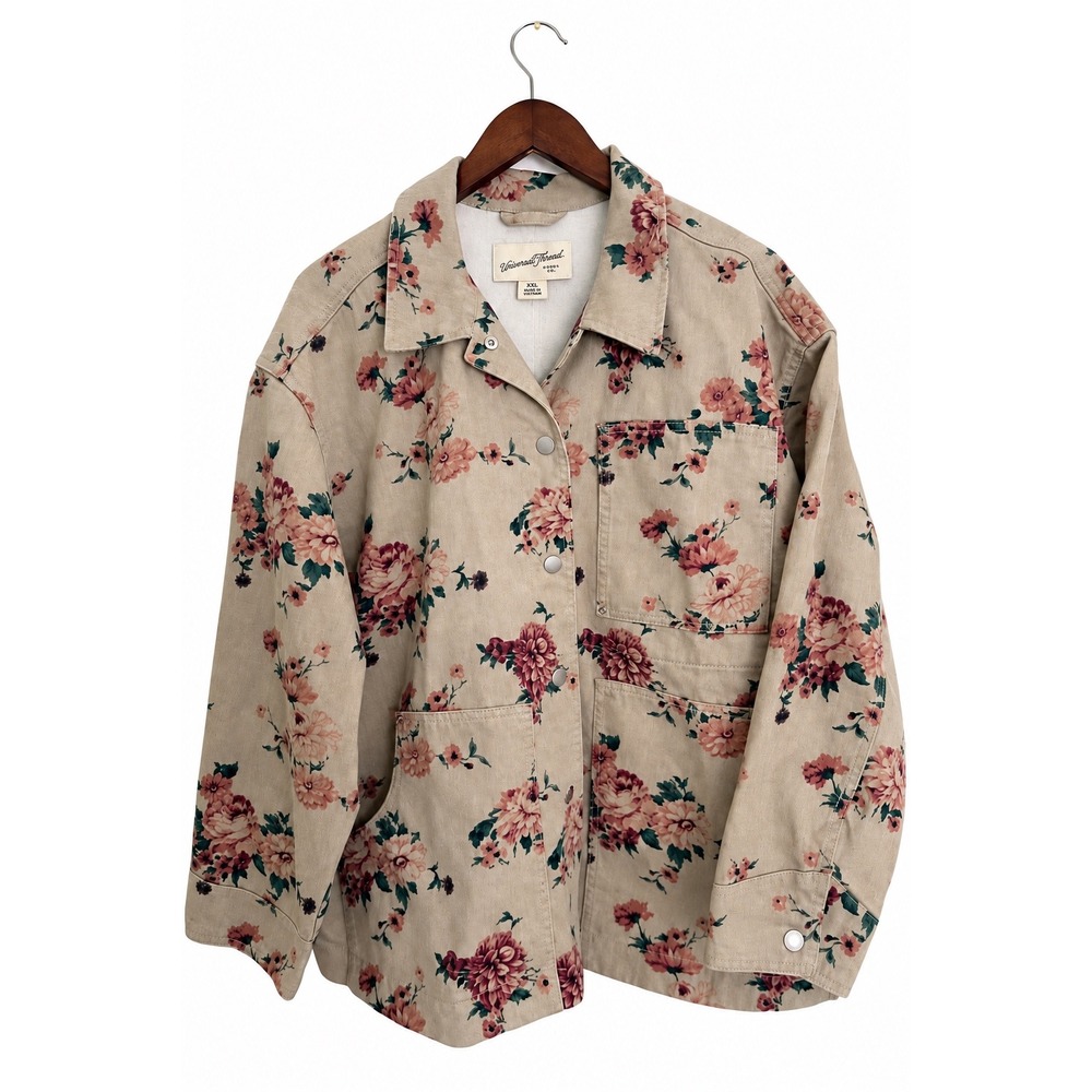 Floral Denim Chore Coat XXL Cotton Barn Jacket Utility Shacket Cottagecore